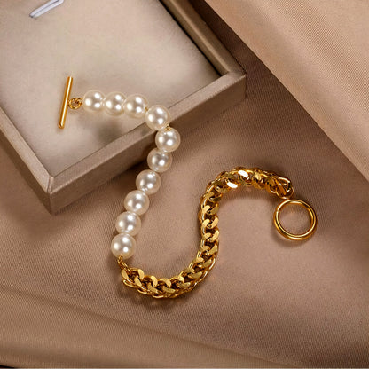 Brățară Freelook, Design Dual cu Zale Masive și Perle Sidefate